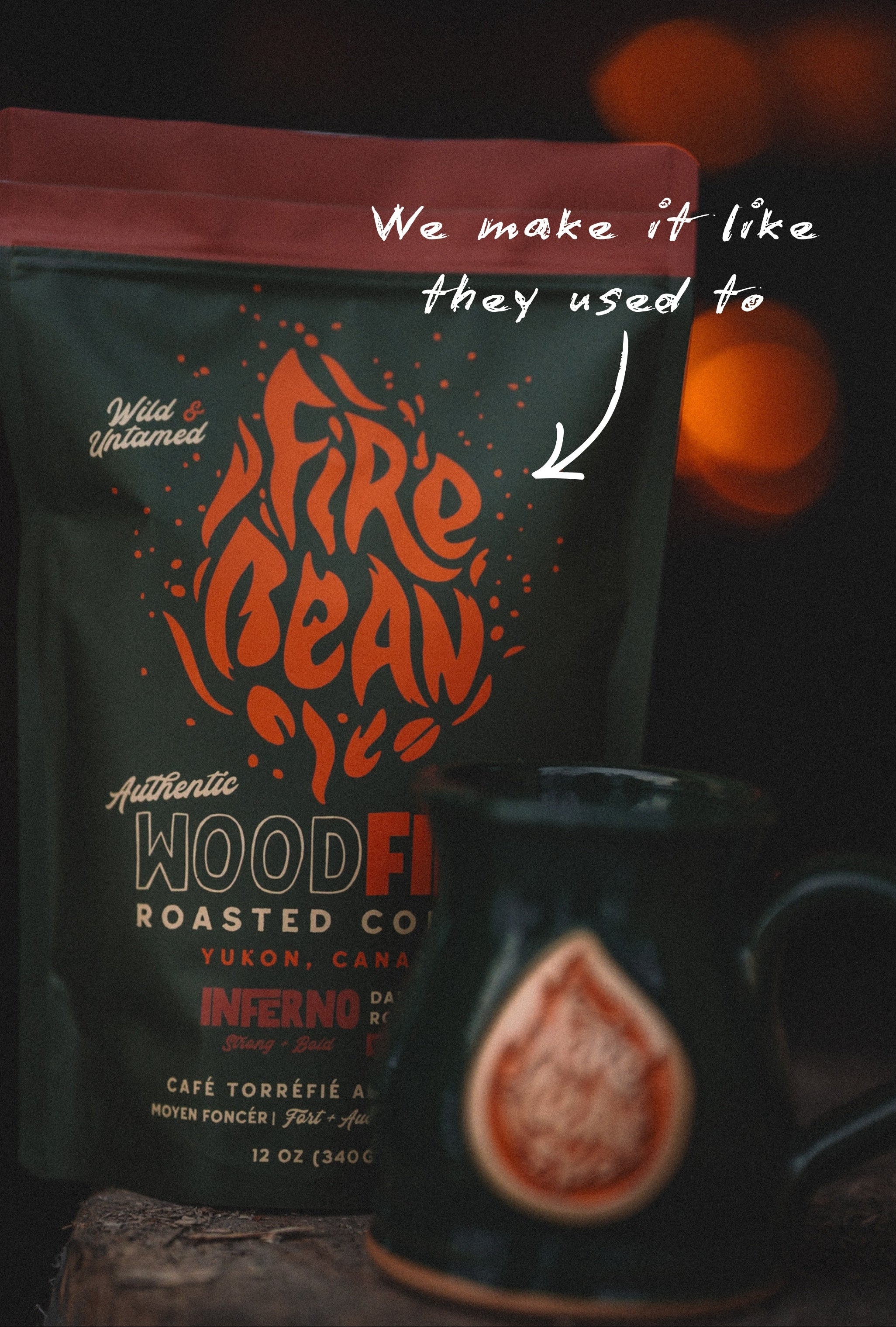 FireBean coffee bag with branding and a blurred background