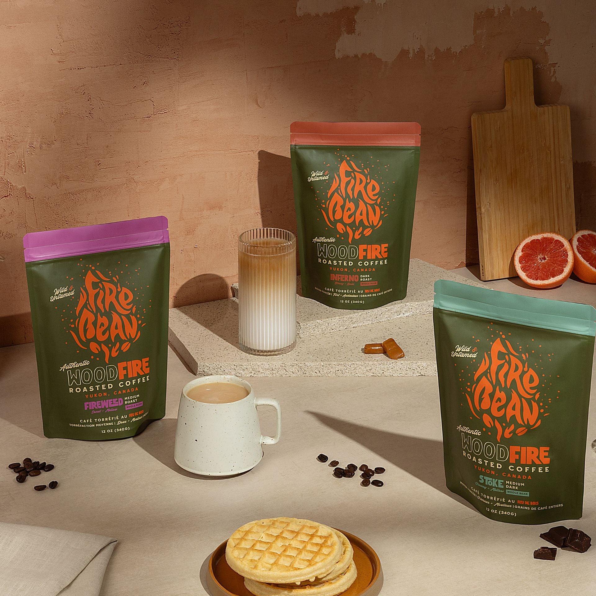 picture of Dark Roast and a creamy and smooth Medium Roast coffee and a french press